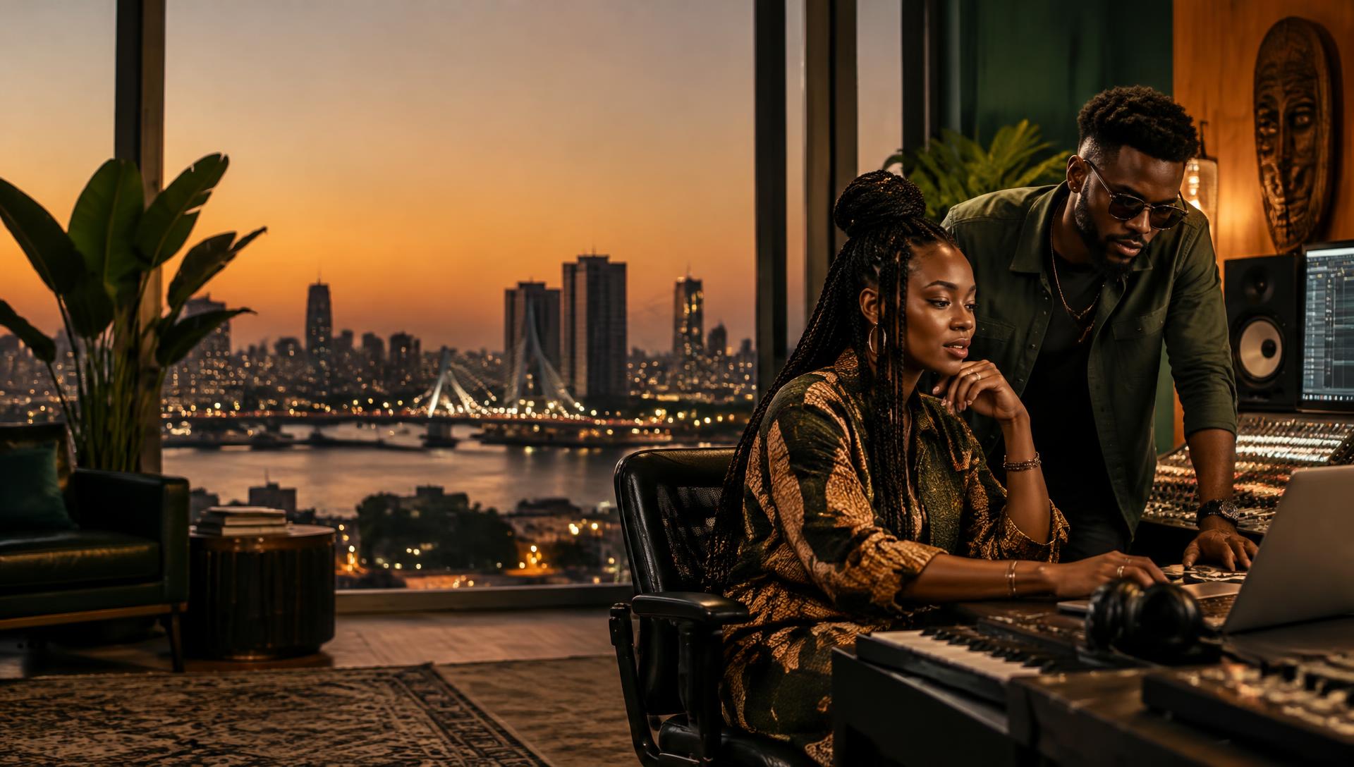 African music creators building in a modern studio